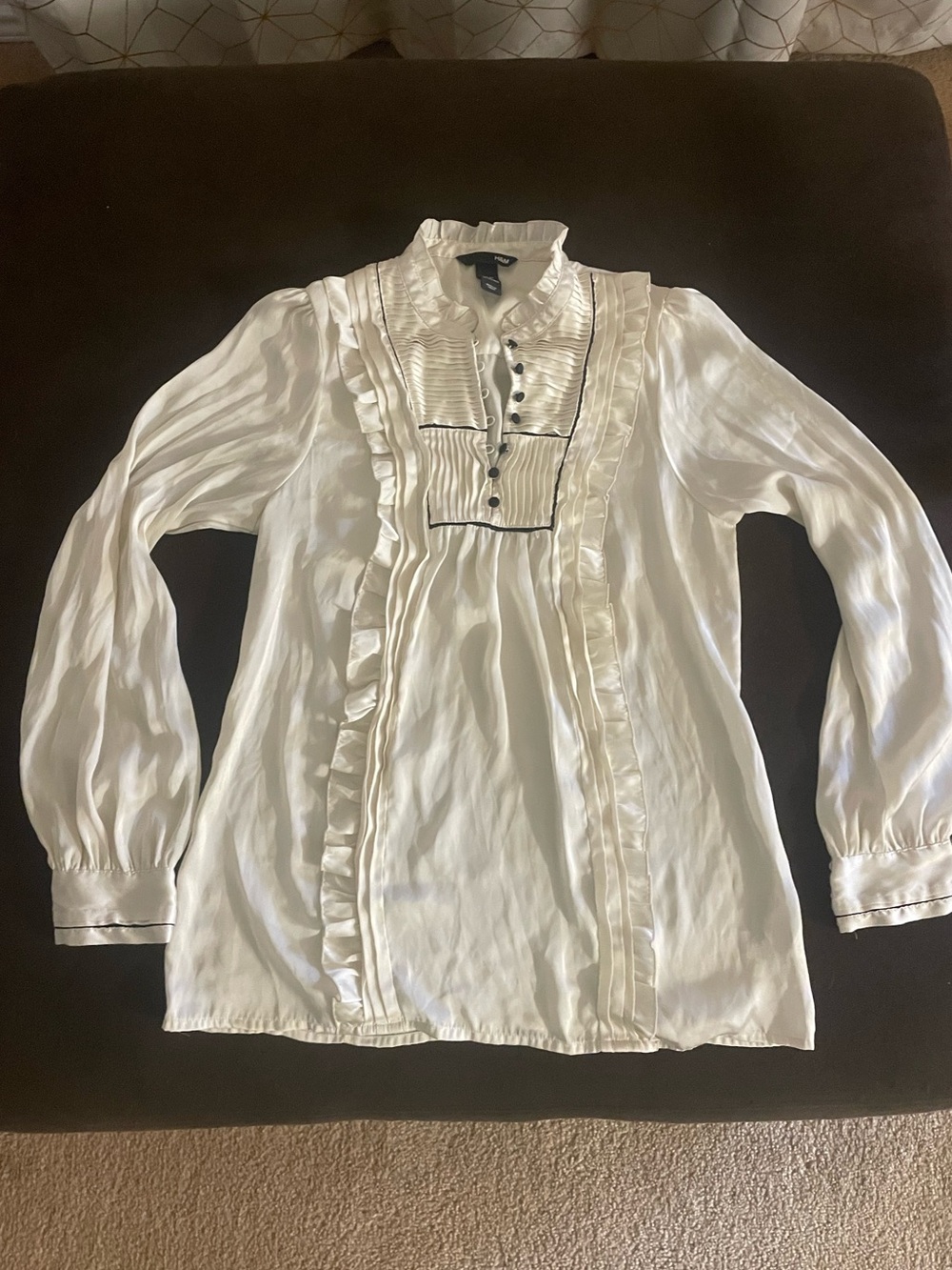 H&M White Ruffled Satin Blouse with Pintuck Front